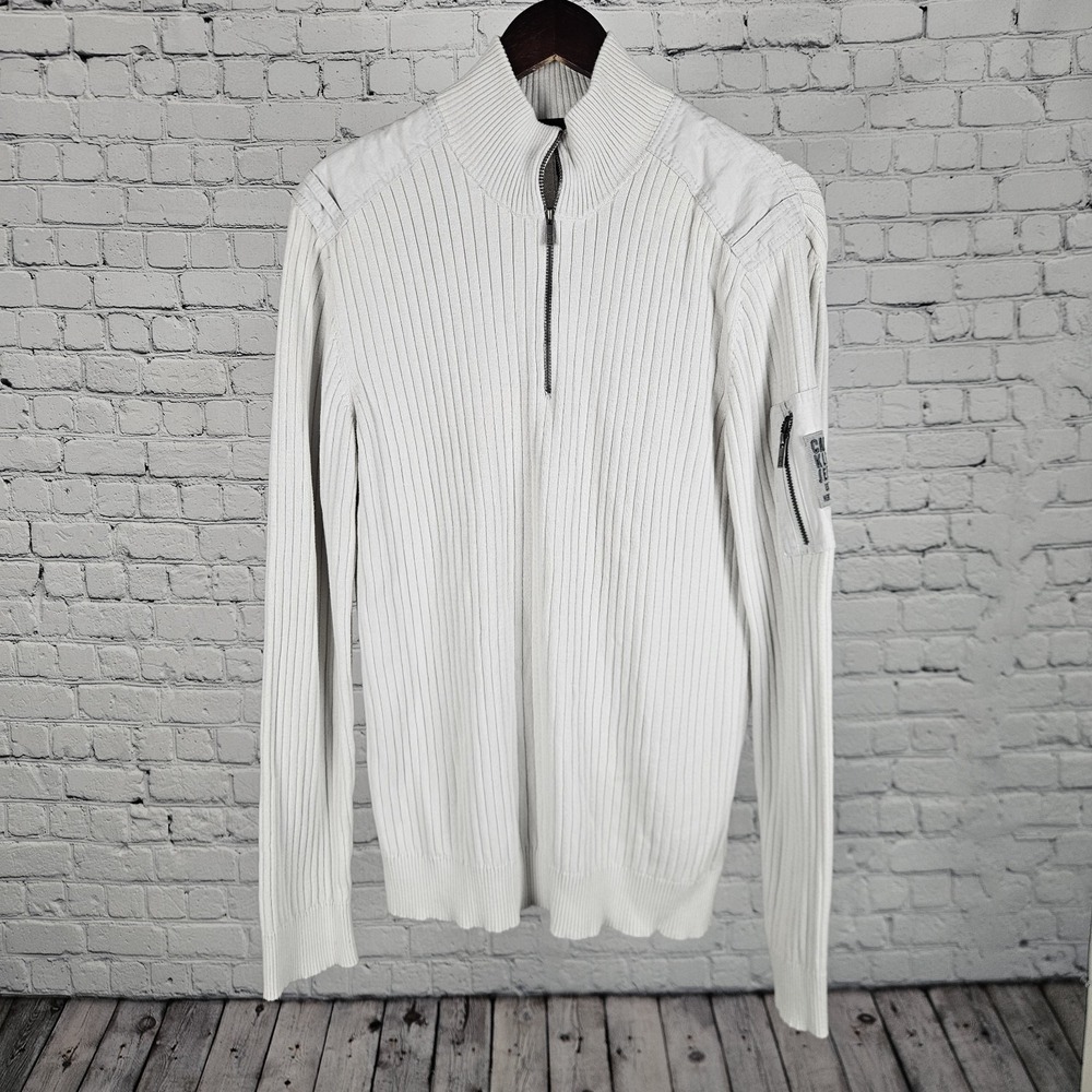 Calvin‎ Klein Jeans Ribbed Half Zip Sweater White Cotton Pullover Mens M